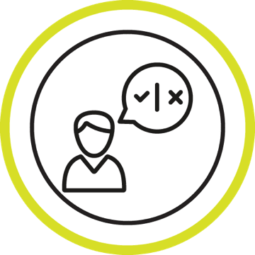 Profile icon of a person with a speech mark including a check mark and cross mark, representing the making decisions about your healthcare section within the page