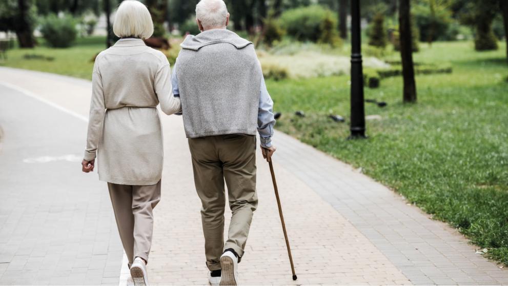 View from behind of two older people, one with a cane, walking along a path in a park