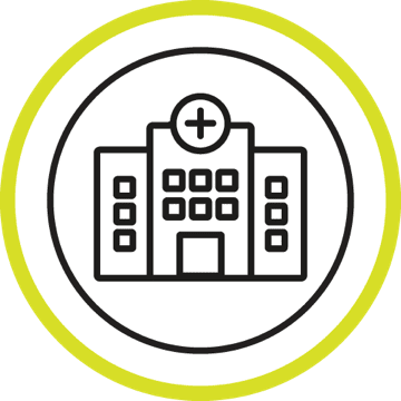Hospital building icon with a medical cross on top, representing your hospital doctors, nurses and pharmacists, who can give you information and support.