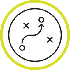 Arrow icon weaving in and out of cross marks, between two circles, representing weight change strategy