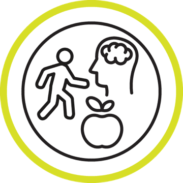 Person walking alongside a profile of a head with brain and an apple, representing other specialists such as occupational therapists, physiotherapists, dieticians and clinical psychologists
