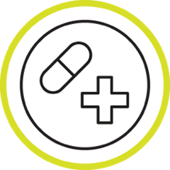 Medicine capsule icon and a medical cross, representing over the counter medicines to ease side effects