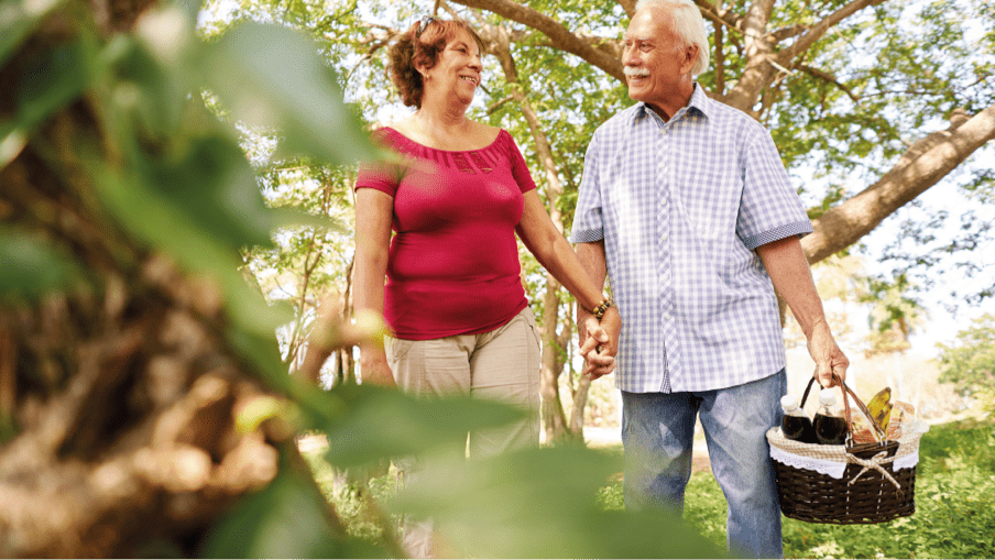 Older couple holding hands, walking through trees with a picnic basket