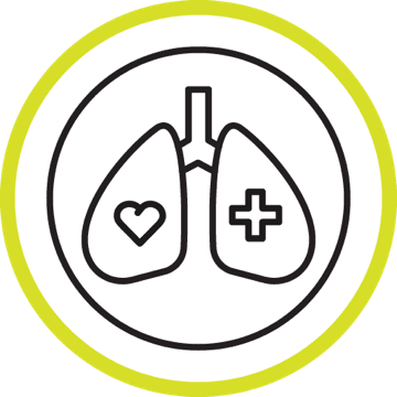 Lung icon with heart in the left lung and a medical cross in the right lung, representing the pulmonary rehabilitation section within the page within the page
