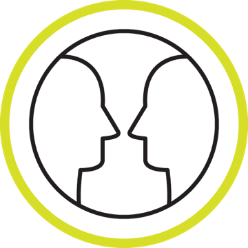 Profile icons of two faces towards each other, representing connecting with friends and family