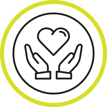 Hands holding a heart icon representing the Side effect and symptom support section of the page