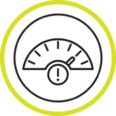 Weighing scales icon with gauge at high and an exclamation mark icon, representing being  overweight